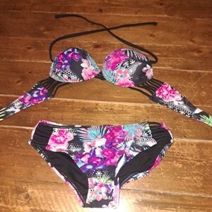 OP Tropical Floral Bikini - Black and Pink